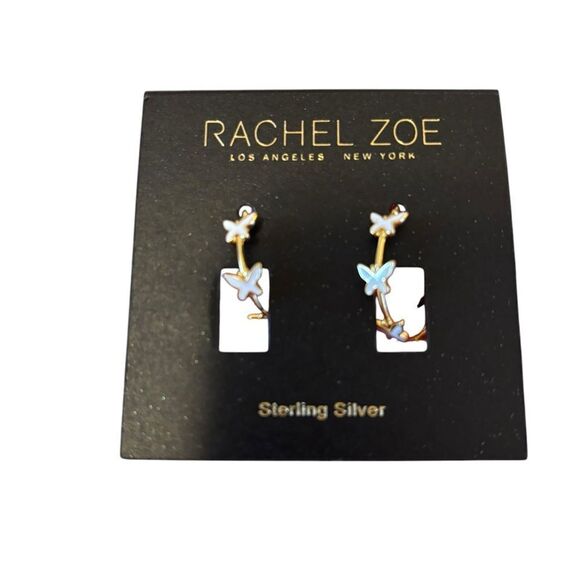 Rachel Zoe Sterling Silver White & Gold Toned Butterfly C Hoop Earrings. - Picture 5 of 6